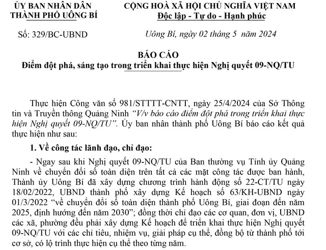 Báo cáo điểm đột phá, sáng tạo trong triển khai thực hiện Nghị quyết 09-NQ/TU