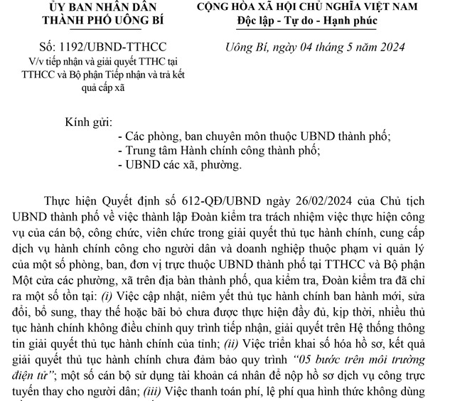 Về việc tiếp nhận và giải quyết TTHC tại TTHCC và Bộ phận Tiếp nhận và trả kết quả cấp xã