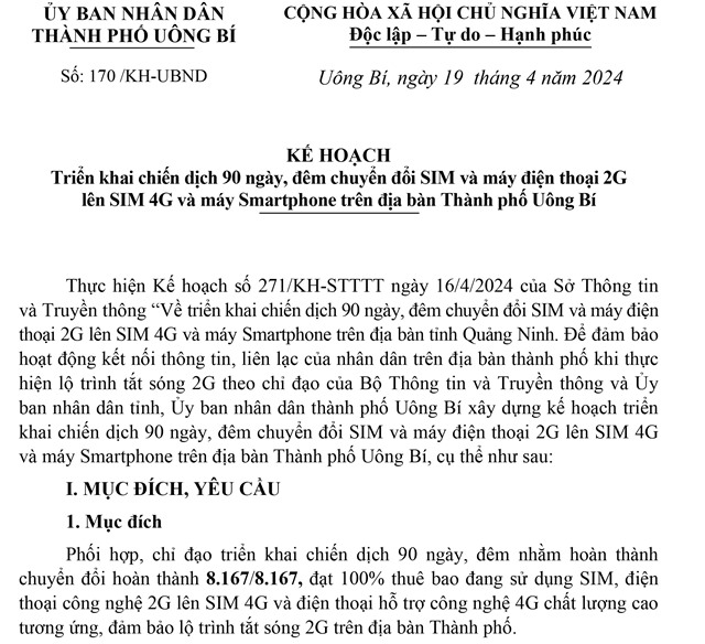 Kế hoạch Triển khai chiến dịch 90 ngày đêm chuyển đổi SIM và máy điện thoại 2G lên SIM 4G và máy Smartphone trên địa bàn thành phố Uông Bí