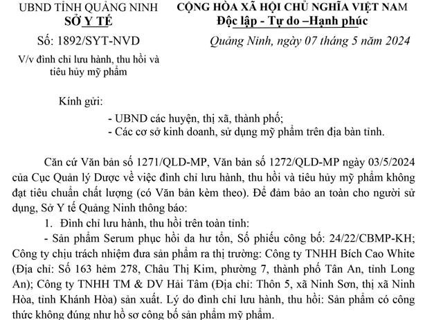 Về việc đình chỉ lưu hành, thu hồi và tiêu hủy mỹ phẩm