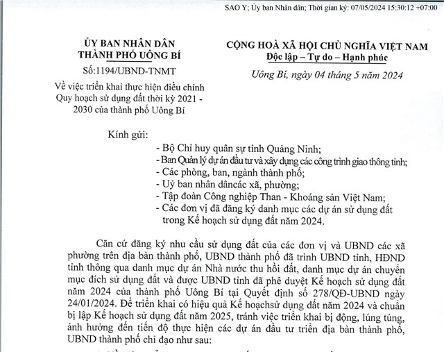 Về việc triển khai thực hiện điều chỉnh quy hoạch sử dụng đất thời kỳ 2021- 2030 của thành phố Uông Bí