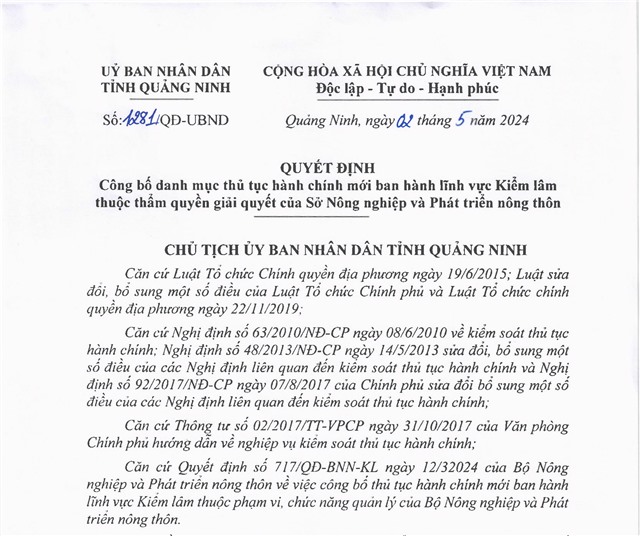 Công bố Danh mục thủ tục hành chính mới ban hành lĩnh vực Kiểm lâm thuộc thẩm quyền giải quyết của Sở Nông nghiệp và Phát triển nông thôn