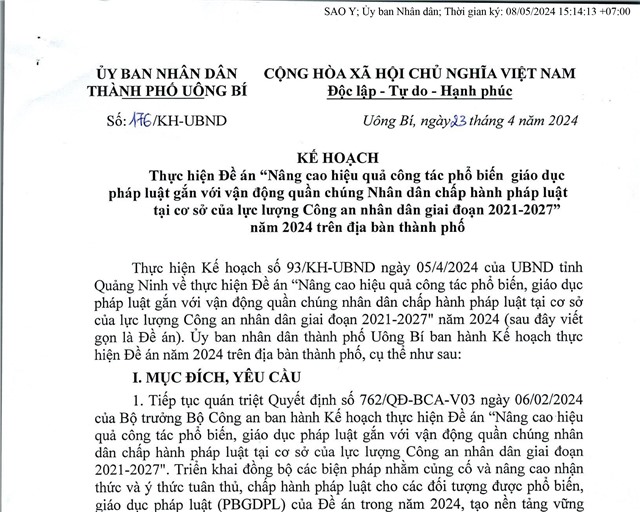 Kế hoạch thực hiện đề án "Nâng cao hiệu quả công tác phổ biến giáo dục pháp luật gắn với vận động quần chúng Nhân dân chấp hành pháp luật tại cơ sở của lực lương công an nhân dân giai đoạn 2021 - 2027" năm 2024 trên địa bàn thành phố