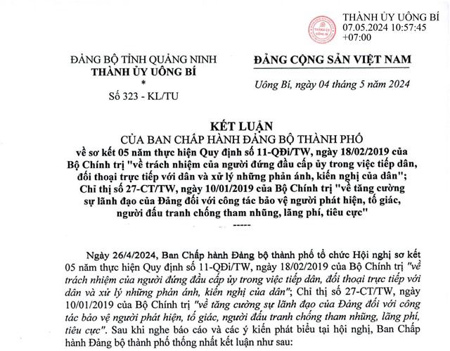 Kết luận của Ban Chấp hành Đảng bộ thành phố về sơ kết 05 năm thực hiện Quy định số 11-QĐi/TW, ngày 18/02/2019 của Bộ Chính trị ....; Chỉ thị số 27-CT/TW, ngày 10/01/2019 của Bộ Chính trị ...