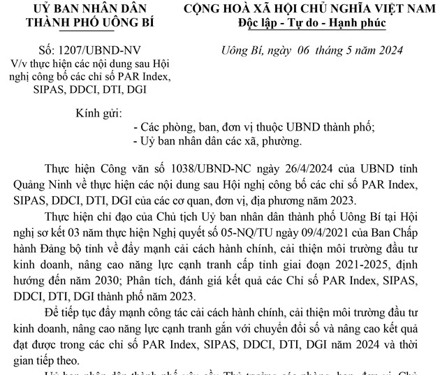 Về việc thực hiện các nội dung sau Hội nghị công bố các chỉ số PAR Index, SIPAS , DDCI,,DTI, DGI