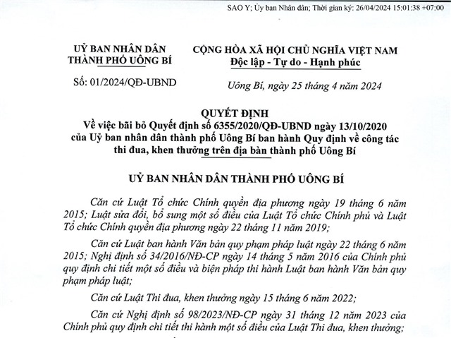 Quyết định về việc bãi bỏ quyết định số 6355/2020/QĐ-UBND ngày 13/10/2020 của Uỷ ban nhân dân thành phố Uông Bí ban hành quy định về công tác thi đua khen thưởng trên địa bàn thành phố Uông Bí