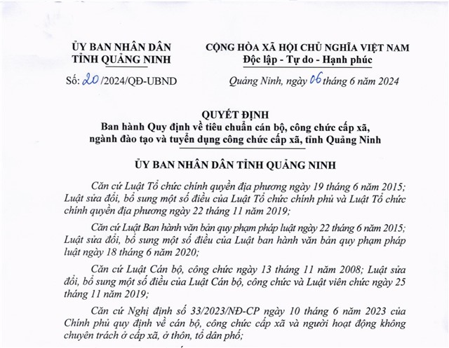 Ban hành Quy định về tiêu chuẩn cán bộ, công chức cấp xã, ngành đào tạo và tuyển dụng công chức cấp xã, tỉnh Quảng Ninh