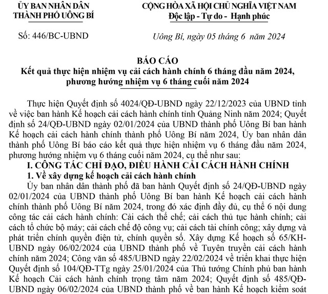 Báo cáo kết quả thực hiện nhiệm vụ Cải cách hành chính 6 tháng đầu năm 2024, phương hướng nhiệm vụ 6 tháng cuối năm 2024