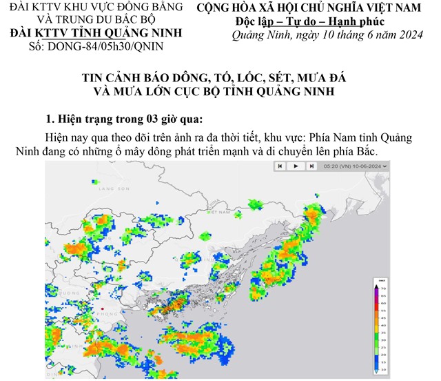 Tin cảnh báo dông, tố, lốc, sét, mưa đá và mưa lớn cục bộ tỉnh Quảng Ninh
