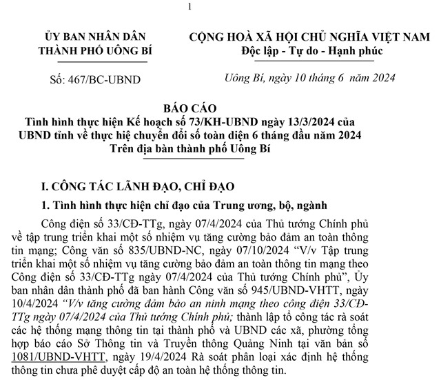 Báo cáo tình hình thực hiện Kế hoạch số 73/KH-UBND ngày 13/3/2024 của UBND tỉnh về thực hiện chuyển đổi số toàn diện 6 tháng đầu năm 2024 trên địa bàn thành phố Uông Bí.