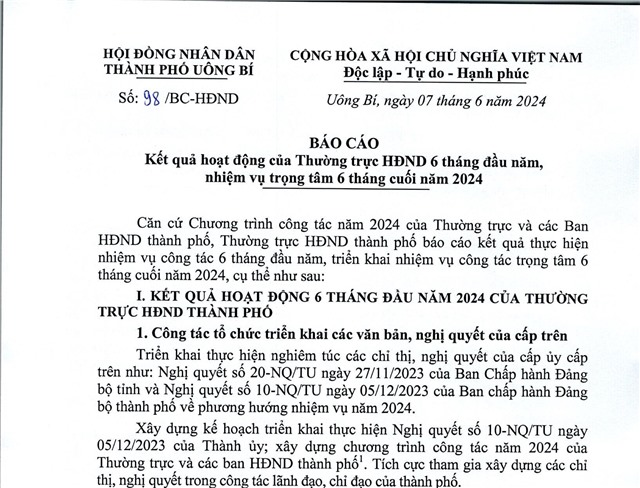 Báo cáo kết quả hoạt động của Thường trực HĐND 6 tháng đầu năm, nhiệm vụ trong tâm 6 tháng cuối năm 2024