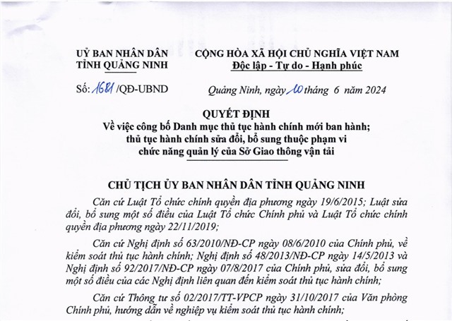 Công bố Danh mục thủ tục hành chính mới ban hành; thủ tục hành chính sửa đổi, bổ sung thuộc phạm vi chức năng quản lý của Sở Giao thông vận tải