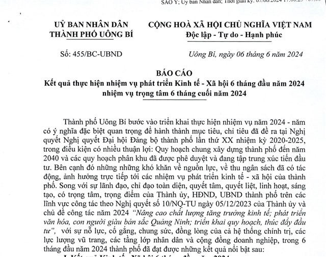 Báo cáo kết quả thực hiện nhiệm vụ phát triển kinh tế - xã hội 6 tháng đầu năm 2024 nhiệm vụ trọng tâm 6 tháng cuối năm 2024