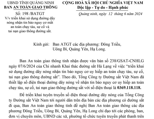 Triển khai sử dụng đường dây nóng nhận tin báo nguy cơ mất an toàn chạy tàu, sự cố và tai nạn giao thông đường sắt 