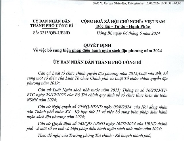 Quyết định về việc bổ sung biện pháp điều hành ngân sách địa phương năm 2024