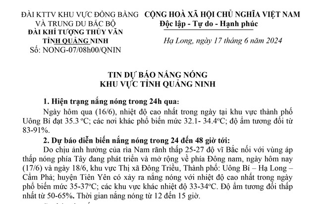 Tin dự báo năng nóng khu vực tỉnh Quảng Ninh