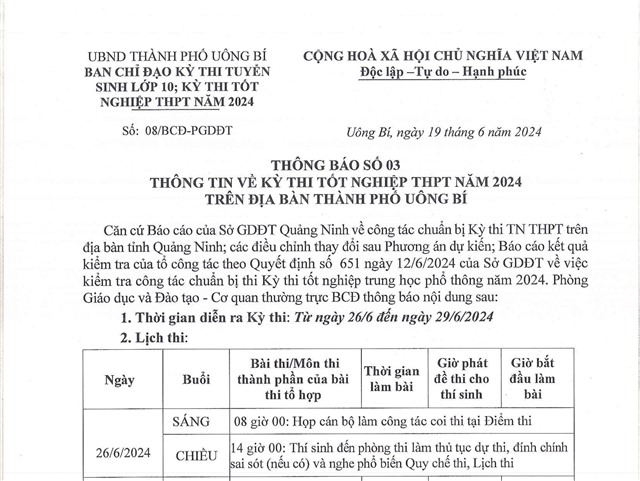 Thông báo số 03 thông tin về kỳ thi tốt nghiệp THPT năm 2024 trên địa bàn thành phố Uông Bí