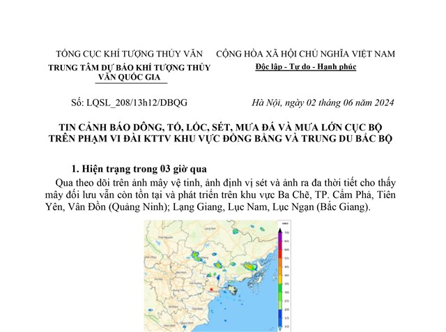 Tin cảnh báo dông, tố, lốc, sét, mưa đá và mưa lớn cục bộ trên phạm vi Đài KTTV khu vực Đồng Bằng và Trung du Bắc Bộ