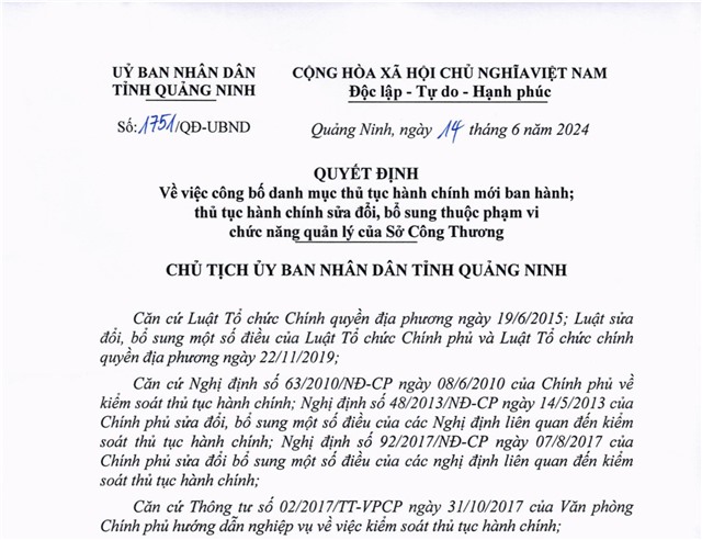 Công bố danh mục thủ tục hành chính mới ban hành; thủ tục hành chính sửa đổi, bổ sung thuộc phạm vi, chức năng quản lý của Sở Công Thương