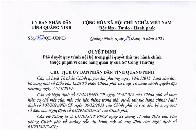 Phê duyệt quy trình nội bộ trong giải quyết thủ tục hành chính thuộc phạm vi chức năng quản lý của Sở Công Thương