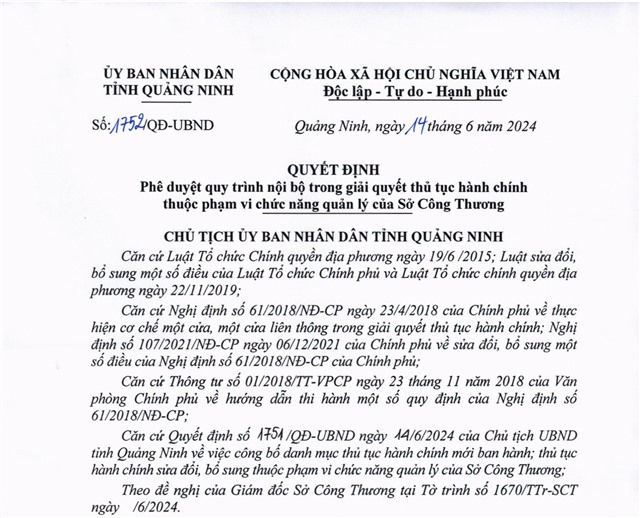 Phê duyệt quy trình nội bộ trong giải quyết thủ tục hành chính thuộc phạm vi, chức năng quản lý của Sở Công Thương