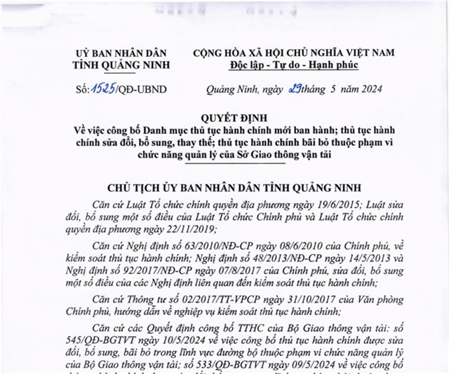 Công bố Danh mục thủ tục hành chính mới ban hành; thủ tục hành chính sửa đổi, bổ sung, thay thế; thủ tục hành chính bãi bỏ thuộc phạm vi chức năng quản lý của Sở Giao thông vận tải