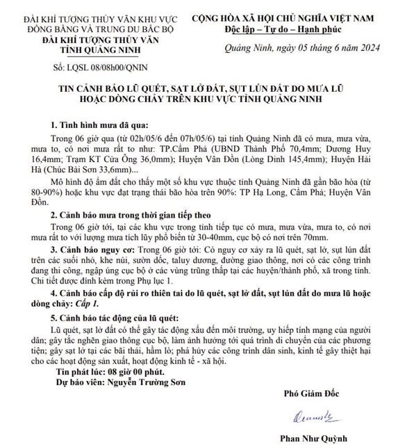 TIn cảnh báo lũ quét, sạt lở đất, sụt lún đất do mưa lũ hoặc dòng chảy trên khu vực tỉnh Quảng Ninh
