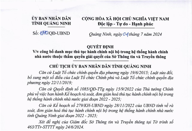 Công bố danh mục thủ tục hành chính nội bộ trong hệ thống hành chính nhà nước thuộc thẩm quyền giải quyết của Sở Thông tin và Truyền thông