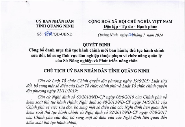 Công bố danh mục thủ tục hành chính mới ban hành; thủ tục hành chính sửa đổi, bổ sung lĩnh vực lâm nghiệp thuộc phạm vi chức năng quản lý của Sở Nông nghiệp và Phát triển nông thôn