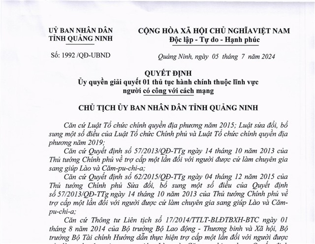 Quyết định Ủy quyền giải quyết 01 thủ tục hành chính thuộc lĩnh vực người có công với cách mạng