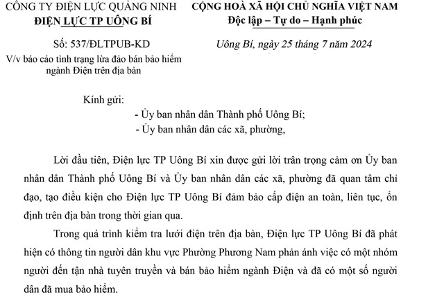 Thông báo tình trạng lừa đảo bán bảo hiểm ngành điện trên địa bàn thành phố