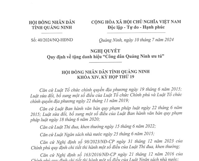 Nghị quyết quy định về tặng danh hiệu "Công dân Quảng Ninh ưu tú"