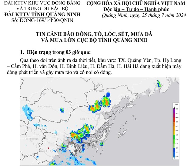 Tin cảnh báo dông, tố, lốc, sét, mưa đá và mưa lớn cục bộ tỉnh Quảng Ninh