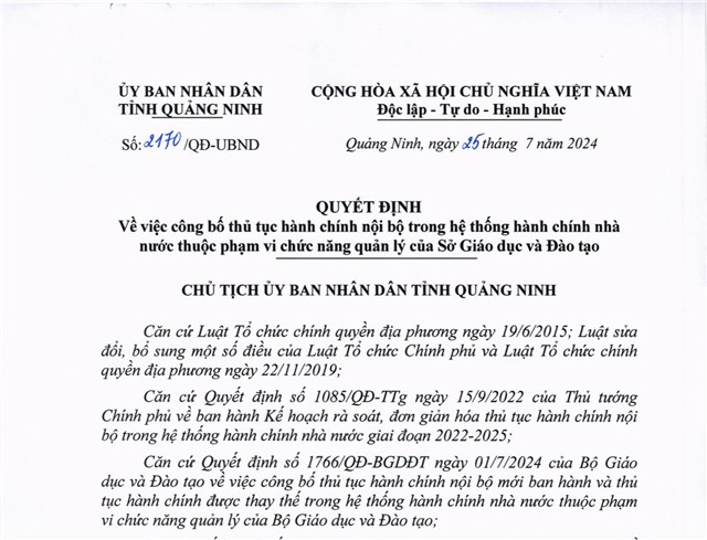 Công bố thủ tục hành chính nội bộ trong hệ thống hành chính nhà nước thuộc phạm vi chức năng quản lý của Sở Giáo dục và Đào tạo