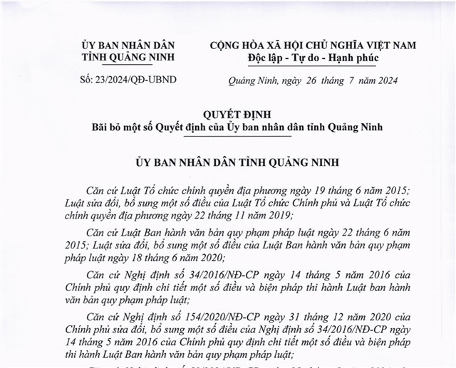 Bãi bỏ một số Quyết định của UBND tỉnh Quảng Ninh