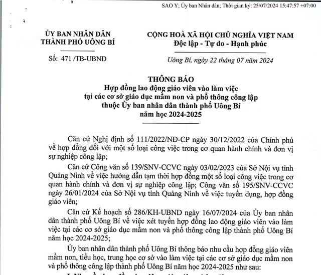 Thông báo hợp đồng lao động giáo viên vào làm việc tại các cơ sở giáo dục mầm non và phổ thông công lập thuộc UBND thành phố Uông Bí năm học 2024-2025