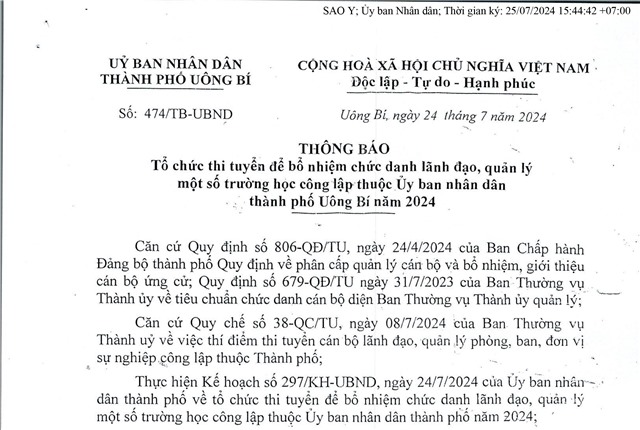 Thông báo tổ chức thi tuyển để bổ nhiệm chức danh lãnh đạo, quản lý một số trường học công lập thuộc Ủy ban nhân dân thành phố Uông Bí năm 2024