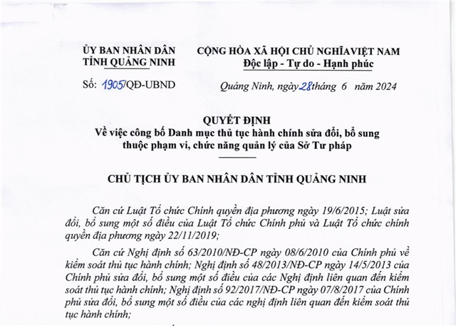 Công bố danh mục thủ tục hành chính sửa đổi, bổ sung thuộc phạm vi, chức năng quản lý của Sở Tư pháp