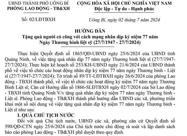 Hướng dẫn tặng quà người có công với cách mạng nhân dịp kỷ niệm 77 năm Ngày Thương binh liệt sỹ (27/7/1947 - 27/7/2024)