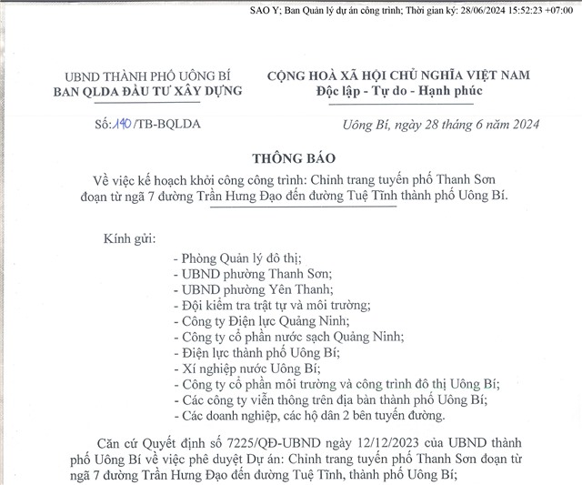 Thông báo kế hoạch khởi công công trình: Chỉnh trang tuyến phố Thanh Sơn đoạn từ ngã 7 đường Trần Hưng Đạo đến đường Tuệ Tĩnh thành phố Uông Bí