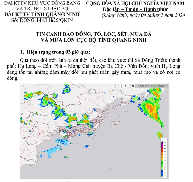 Tin cảnh báo dông, tố, lốc, sét, mưa đá và mưa lớn cục bộ tỉnh Quảng Ninh