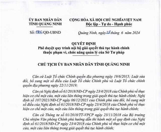 Phê duyệt quy trình nội bộ giải quyết thủ tục hành chính thuộc phạm vi, chức năng quản lý của Sở Tư pháp