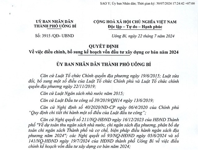 Quyết định về việc điều chỉnh, bổ sung kế hoạch vốn đầu tư xây dựng cơ bản năm 2024