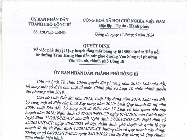 Quyết định về việc phê duyệt quy hoạch tổng mặt bằng tỷ lệ 1/500 dự án: Đấu nối từ đường Trần Hưng Đạo đến nút giao thông đường Ven Sông tại phường Yên Thanh, thành phố Uông Bí