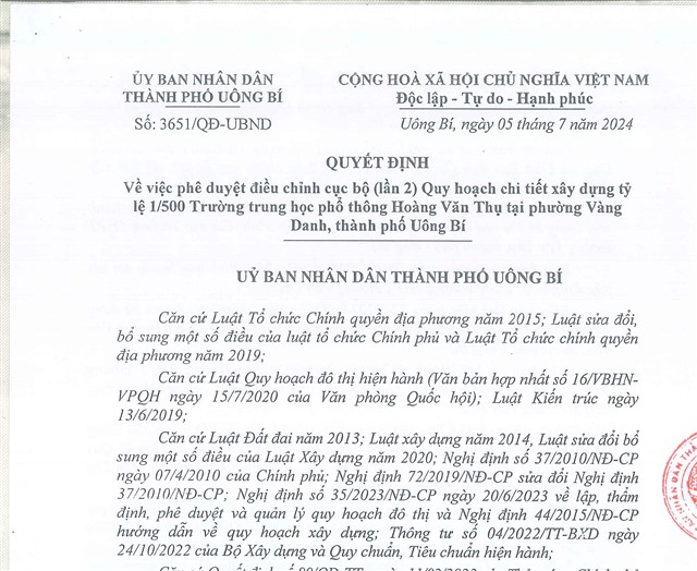 Quyết định về việc phê duyệt điều chỉnh cục bộ (lần 2) Quy hoạch chi tiết xây dựng tỷ lệ 1/500 Trường Trung học phổ thông Hoàng Văn Thụ tại phường Vàng Danh, thành phố Uông Bí