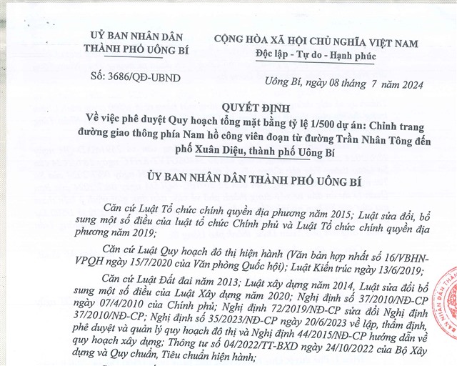 Quyết định về việc phê duyệt quy hoạch tổng mặt bằng tỷ lệ 1/500 dự án: Chỉnh trang đường giao thông phía Nam hồ công viên đoạn từ đường Trần Nhân Tông đến phố Xuân Diệu, thành phố Uông Bí 