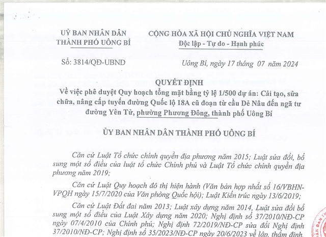 Quyết định về việc phê duyệt quy hoạch tổng mặt bằng tỷ lệ 1/500 dự án: Cải tạo, sửa chữa, nâng cấp tuyến đường Quốc lộ 18A cũ đoạn từ cầu Dẻ Nâu đến Ngã tư đường Yên Tử, phường Phương Đông, thành phố Uông Bí