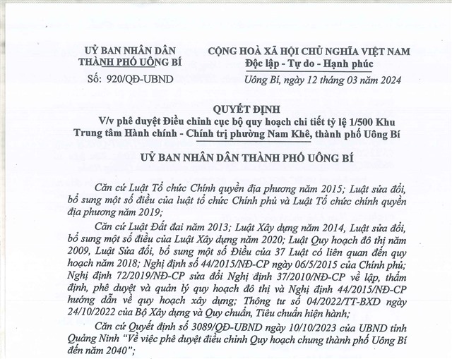 Quyết định về việc phê duyệt điều chỉnh cục bộ quy hoạch chi tiết tỷ lệ 1/500 Khu Trung tâm hành chính - Chính trị phường Nam Khê, thành phố Uông Bí