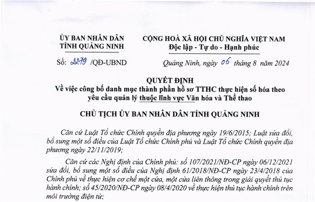 Công bố danh mục thành phần hồ sơ TTHC thực hiện số hóa theo yêu cầu quản lý thuộc lĩnh vực Văn hóa và Thể thao