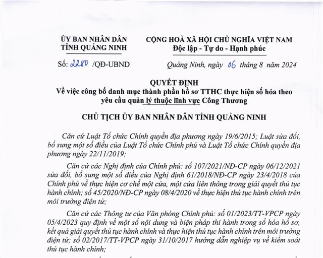 Công bố danh mục thành phần hồ sơ TTHC thực hiện số hóa theo yêu cầu quản lý thuộc lĩnh vực Công Thương